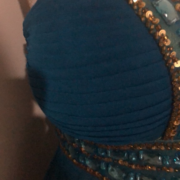 Caché emerald teal gown with neon yellow green lining, size 2 - Picture 7 of 11